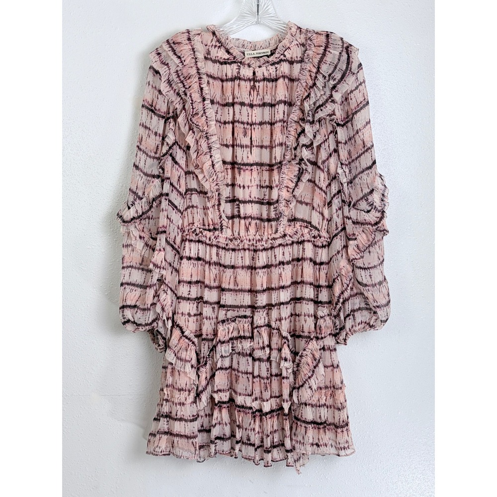 Ulla Johnson Silk Mini Dress Pink Purple Shibori Ruffle Tiered Long Sleeve 4